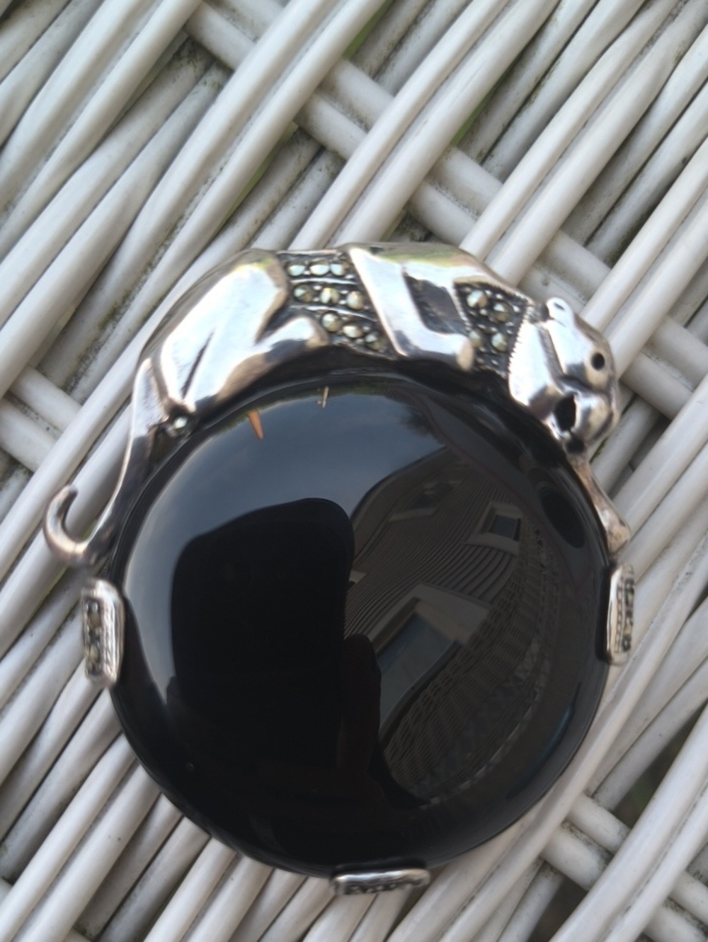 Vintage .925 Sterling, Onyx, & Marcasite Panther Brooch Or Pendant
